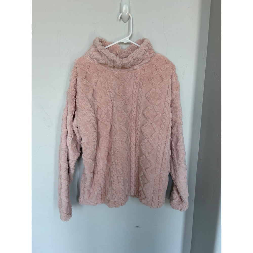 Eddie Bauer Cable Fleece Pullover Pink Sherpa Funnel Neck Sweater Womens XL